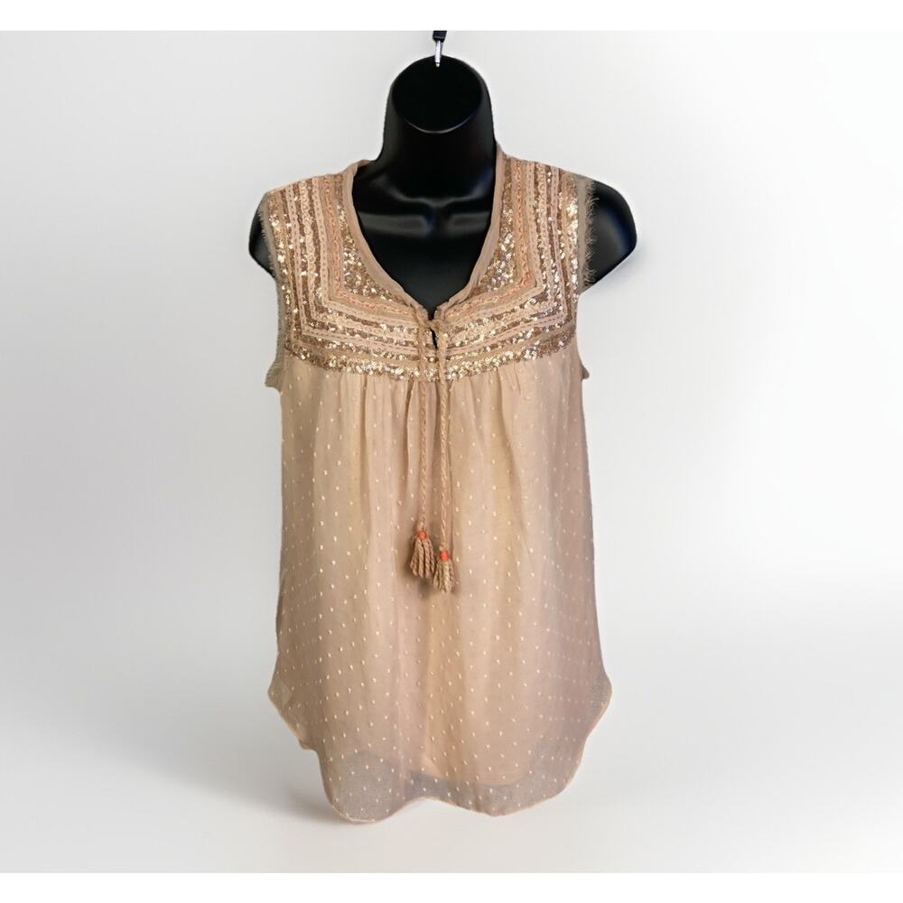 A Common Thread Boho Sleeveless Blouse Women’s XL Tassles Sequins Fringe Trim